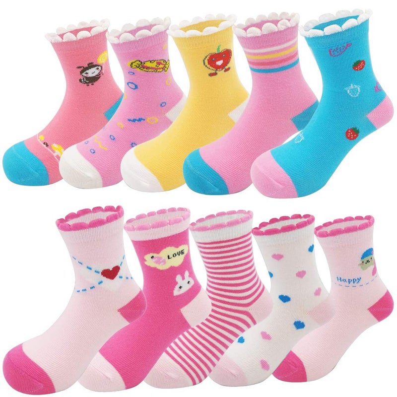 Zumou Toddler Kids Little Girls Cute Cotton Crew Socks 10 Pack Years (M (3-5T) / Toddler, Cute) - Image 1